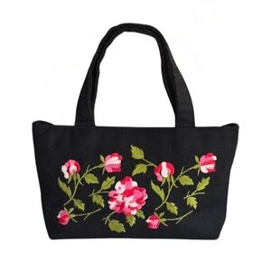Valerie Stevens Vintage Small Clutch  Black Fabric Embroidered Floral Handbag